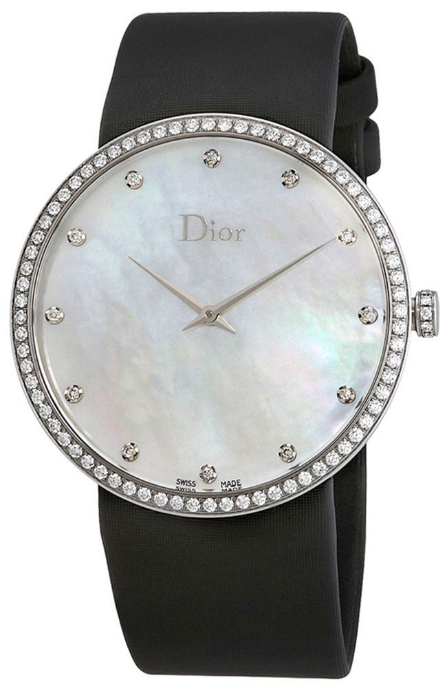 Dior La D de Dior Satine Stainless Steel Mother - of - Pearl Dial Diamonds Quartz Black Satin Womens Watch CD043114A001 - Watches & Beyond