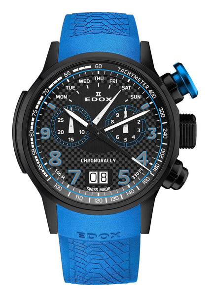 Edox Chronorally Chronograph Black PVD Titanium Black Dial Blue Rubber Strap Day/Date Quartz Mens Watch 38001 - TINNBU3 - NIBU3 - WAB - Shipping Dept.