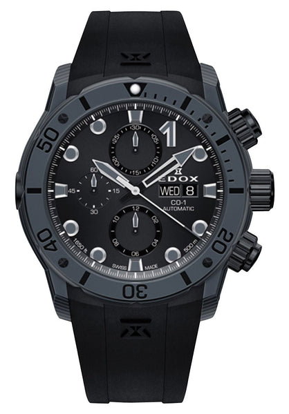 Edox CO - 1 Automatic Chronograph Gray Carbon Black Dial Black Rubber Strap Day/Date Divers Mens Watch 01125 - CLNGN - NING - Watches & Beyond