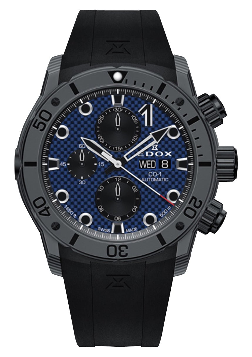 Edox CO - 1 Automatic Chronograph Gray Carbon Blue Dial Black Rubber Strap Day/Date Divers Mens Watch 01125 - CLNGN - BUNN - Watches & Beyond
