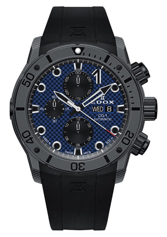 Edox CO - 1 Automatic Chronograph Gray Carbon Blue Dial Black Rubber Strap Day/Date Divers Mens Watch 01125 - CLNGN - BUNN - Watches & Beyond