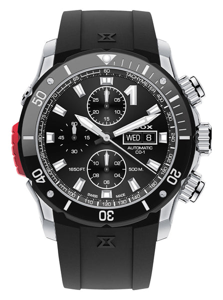 Edox CO - 1 Automatic Chronograph Stainless Steel Black Dial Black Rubber Strap Day/Date Divers Mens Watch 01128 - 3NRCA - NN - Watches & Beyond