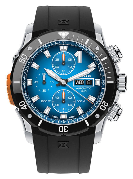 Edox CO - 1 Automatic Chronograph Stainless Steel Blue Dial Black Rubber Strap Day/Date Divers Mens Watch 01128 - 3NOCA - BUIDN - Watches & Beyond