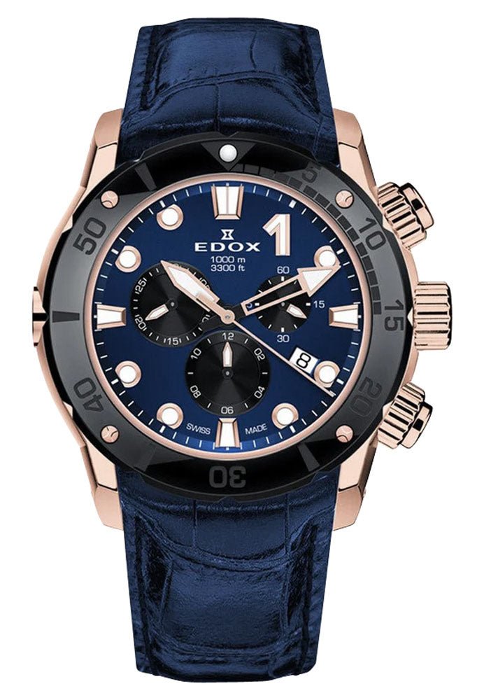 Edox CO - 1 Chronograph Rose Gold PVD Titanium Blue Dial Blue Leather Strap Date Divers Quartz Mens Watch 10242 - TINR - BUIRN - WAB - Shipping Dept.