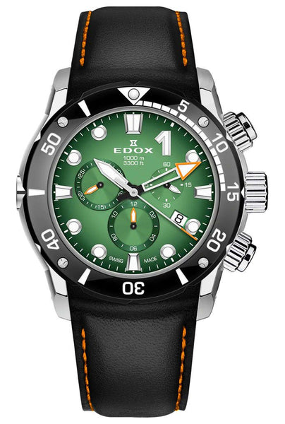 Edox CO - 1 Chronograph Titanium Green Dial Black Leather Strap Date Divers Quartz Mens Watch 10242 - TIN - VIN - WAB - Shipping Dept.