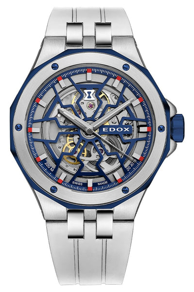 Edox Delfin Mecano Automatic Stainless Steel Blue Skeleton Dial White Rubber Strap Divers Mens Watch 85303 - 357BUCAB - BUIRB - Watches & Beyond