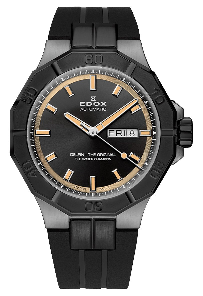 Edox Delfin The Original Automatic Gray & Black PVD Gray Dial Black Rubber Strap Day/Date Divers Mens Watch 88008 - 37GNCA - GBEI - Watches & Beyond