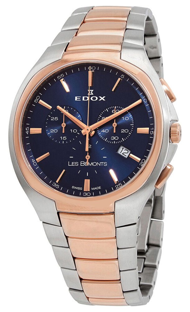 Edox Les Bemonts Chronograph Ultra Slim Two - Tone Stainless Steel Blue Dial Date Quartz Mens Watch 10239 - 357R - BUIR - WAB - Shipping Dept.