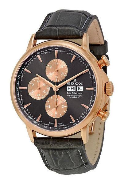 Edox Mens 01120 - 37R - GIR Les Bemonts Chronograph Automatic Stainless Steel Analog Display Day/Date Watch with Black Leather Strap - WAB - Shipping Dept.