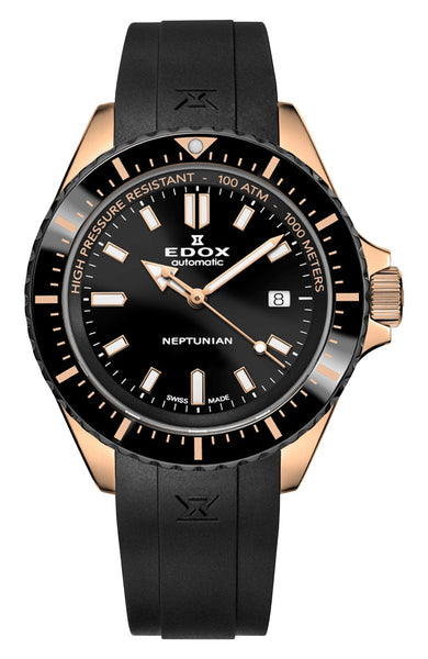Edox Neptunian Automatic Rose Gold PVD Black Dial Black Rubber Strap Date Divers Mens Watch 80120 - 37RNNCA - NIR - Watches & Beyond