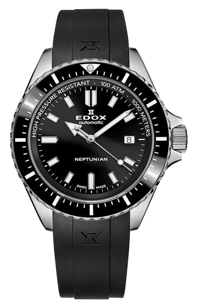 Edox Neptunian Automatic Stainless Steel Black Dial Black Rubber Strap Date Divers Mens Watch 80120 - 3NCA - NIN - Watches & Beyond