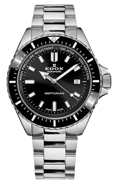 Edox Neptunian Automatic Stainless Steel Black Dial Date Divers Mens Watch 80120 - 3NM - NIN - Watches & Beyond