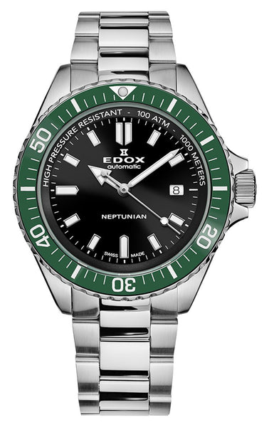 Edox Neptunian Automatic Stainless Steel Black Dial Date Divers Mens Watch 80120 - 3VM - NIN - Watches & Beyond