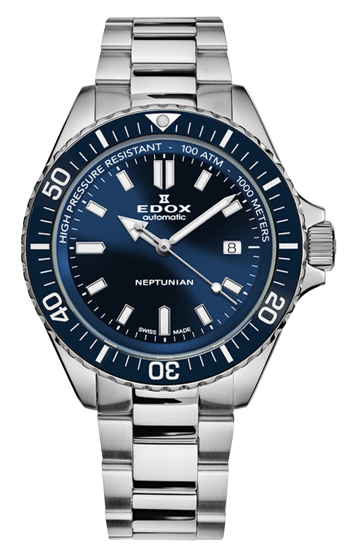 Edox Neptunian Automatic Stainless Steel Blue Dial Date Divers Mens Watch 80120 - 3BUM - BUF - Watches & Beyond