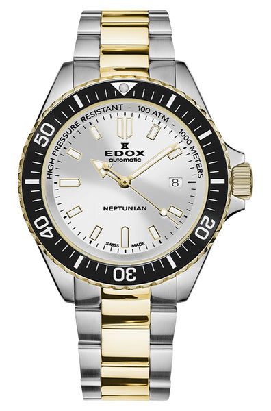 Edox Neptunian Automatic Two - Tone Stainless Steel Silver Dial Date Divers Mens Watch 80120 - 357JM - AID - Watches & Beyond