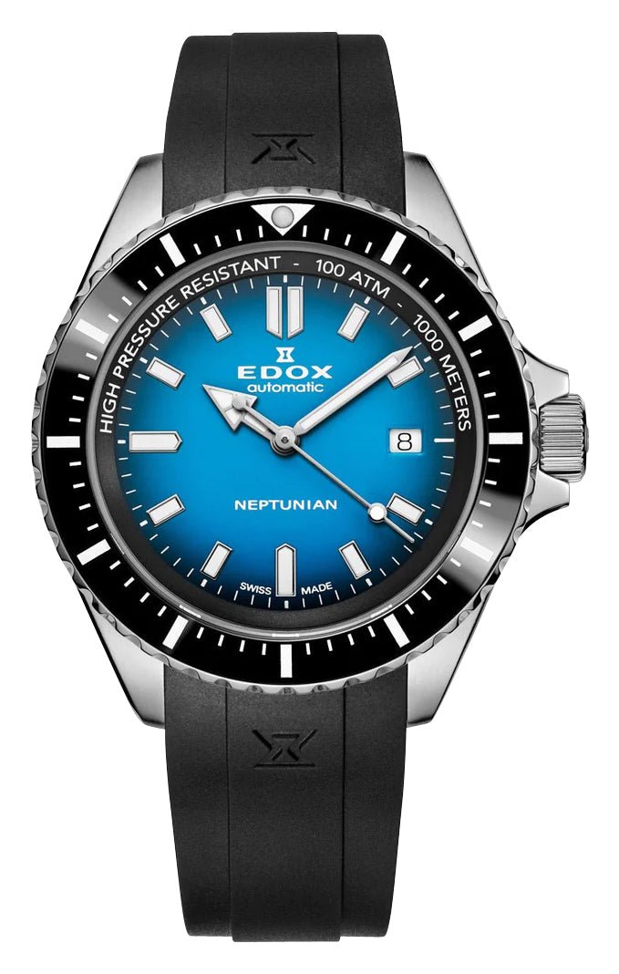 Edox Skydiver Neptunian Automatic Stainless Steel Blue Dial Black Rubber Strap Date Divers Mens Watch 80120 - 3NCA - BUIDN - WAB - Shipping Dept.