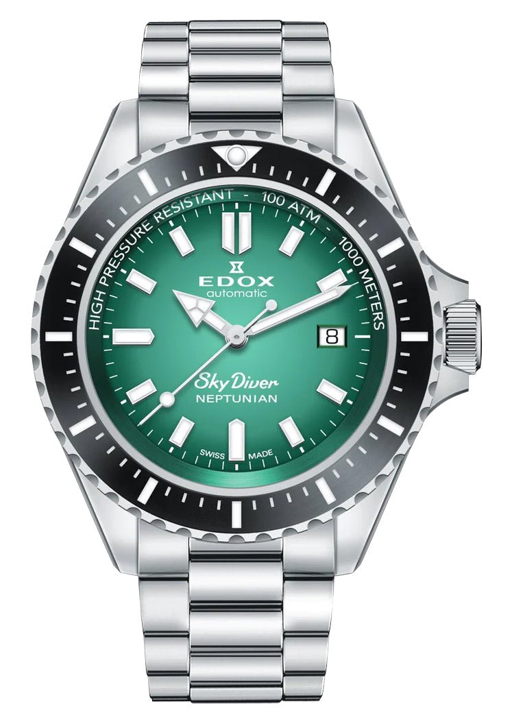 Edox Skydiver Neptunian Automatic Stainless Steel Green Dial Date Divers Mens Watch 80120 - 3NM - VDN - WAB - Shipping Dept.