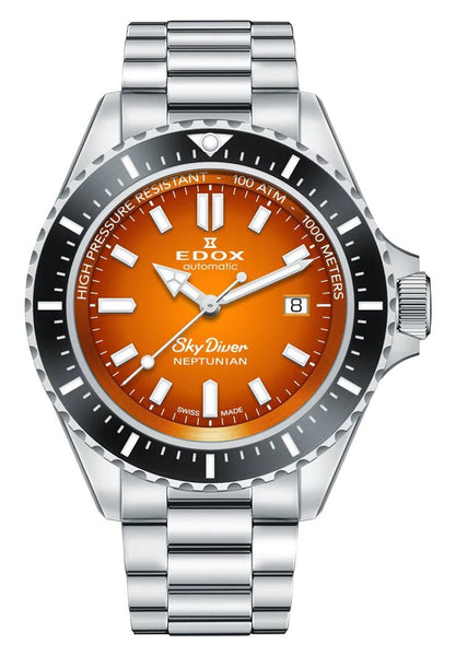 Edox Skydiver Neptunian Automatic Stainless Steel Orange Dial Date Divers Mens Watch 80120 - 3NM - ODN - WAB - Shipping Dept.