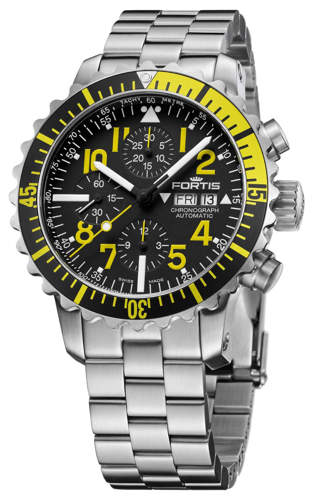 Fortis Marinemaster Yellow Automatic Chronograph Stainless Steel Black Dial Day/Date Divers Mens Watch F8140001 - WAB - Shipping Dept.