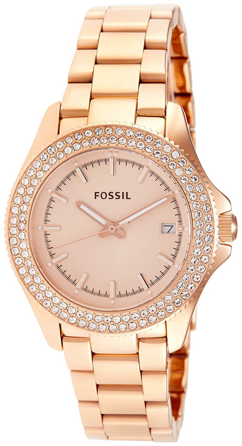 Fossil Retro Traveller Rose Gold - Tone Stainless Steel Rose Gold Dial Date Crystals Quartz Womens Watch AM4454 - WAB - Shipping Dept.