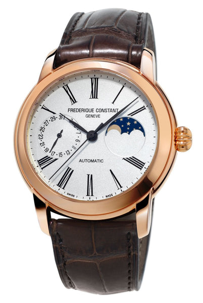 Frederique Constant Classic Moonphase Manufacture Rose Gold Tone Steel Automatic Silver Dial Brown Leather Strap Mens Watch FC - 712MS4H4 - WAB - Shipping Dept.