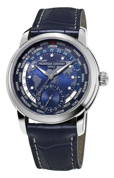 Frederique Constant Classic Worldtimer Manufacture Automatic Blue Dial Blue Leather Strap Mens Watch FC - 718NWM4H6 - Watches & Beyond