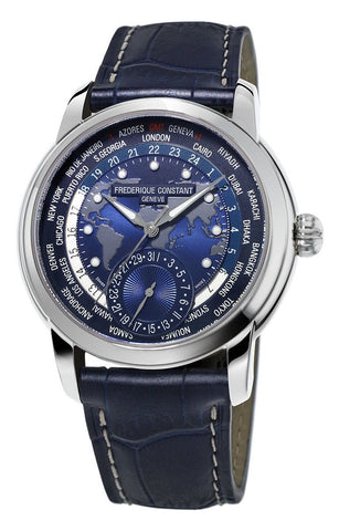 Frederique Constant Classic Worldtimer Manufacture Automatic Blue Dial Blue Leather Strap Mens Watch FC - 718NWM4H6 - Watches & Beyond