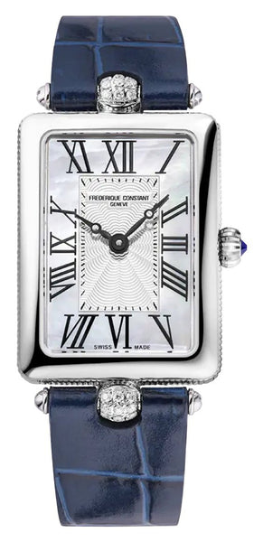 Frederique Constant Classics Art Deco Carrée Stainless Steel Mother - Of - Pearl Dial Blue Leather Strap Diamonds Quartz Womens Watch FC - 200MPW2AC2D6 - Watches & Beyond