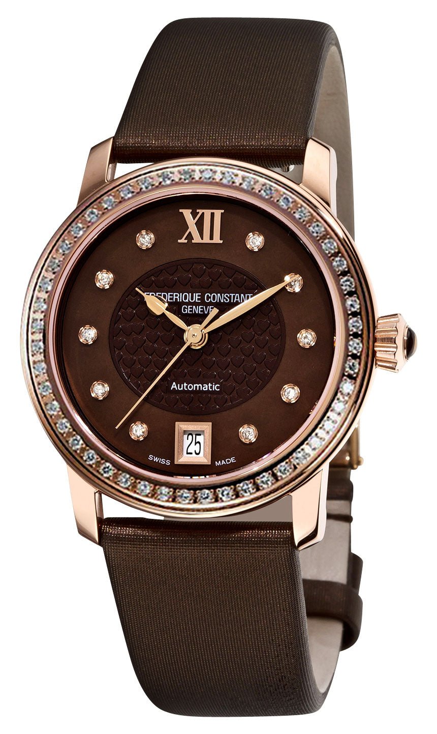 Frederique Constant Classics Automatic Diamond Rose Gold Plated Steel Brown Mother - Of - Pearl Dial Brown Satin Strap Date Womens Watch FC - 303CHD2PD4 - WAB - Shipping Dept.