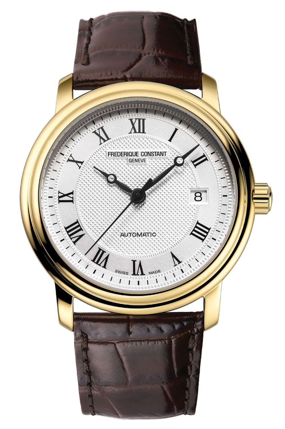 Frederique Constant Classics Automatic Gold Plated Stainless Steel Silver Dial Date Brown Leather Strap Mens Watch FC - 303MC4P5 - WAB - Shipping Dept.