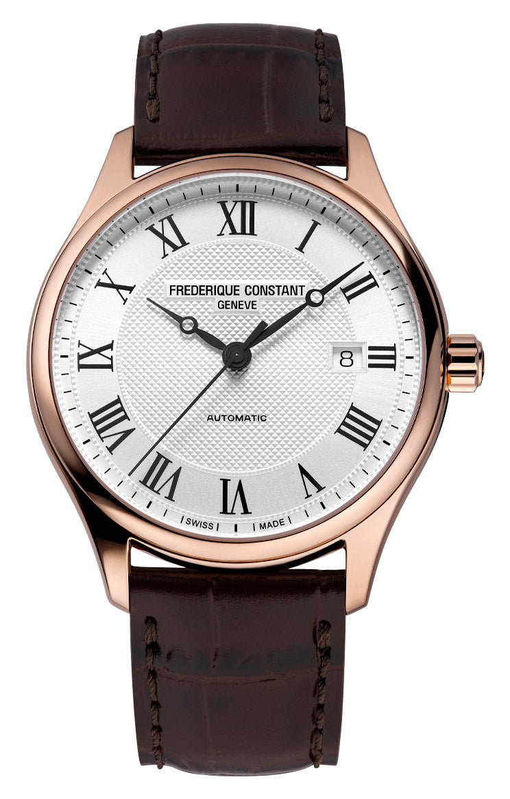 Frederique Constant Classics Automatic Rose Gold PVD Silver Dial Brown Leather Strap Date Mens Watch FC - 303MC5B4 - WAB - Shipping Dept.