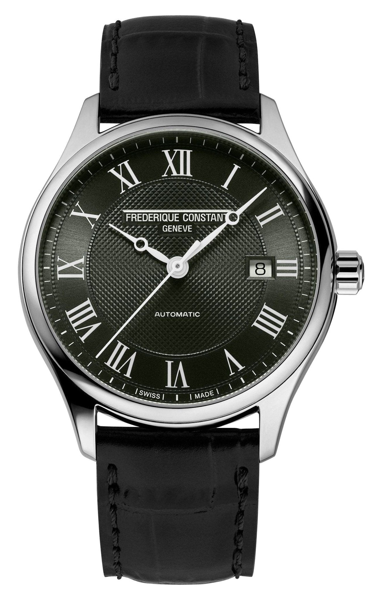 Frederique Constant Classics Automatic Stainless Steel Khaki Green Dial Black Leather Strap Date Mens Watch FC - 303MCK5B6 - WAB - Shipping Dept.