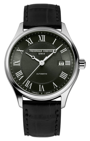 Frederique Constant Classics Automatic Stainless Steel Khaki Green Dial Black Leather Strap Date Mens Watch FC - 303MCK5B6 - Watches & Beyond