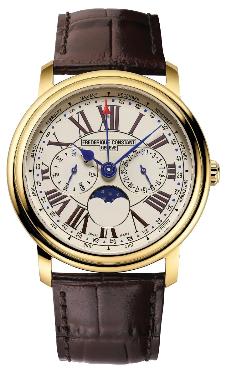 Frederique Constant Classics Business Timer Yellow Gold Plated Steel Ivory Dial Brown Leather Strap Moonphase Day/Date Month/Week Quartz Mens Watch FC - 270EM4P5 - WAB - Shipping Dept.