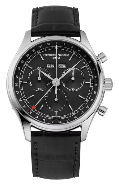 Frederique Constant Classics Chronograph Stainless Steel Gray Dial Black Leather Strap Day/Date/Month Quartz Mens Watch FC - 296DG5B6 - Watches & Beyond