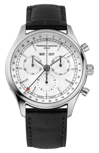 Frederique Constant Classics Chronograph Stainless Steel Silver Dial Black Leather Strap Day/Date Month Quartz Mens Watch FC - 296SW5B6 - Watches & Beyond