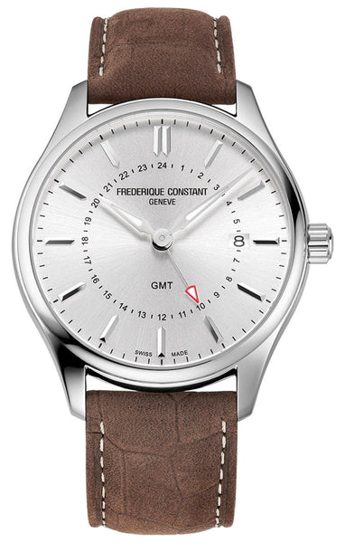 Frederique Constant Classics GMT Stainless Steel Silver Dial Brown Leather Strap Date Quartz Mens Watch FC - 252SS5B6 - WAB - Shipping Dept.