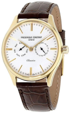 Frederique Constant Classics Gold Plated Steel Silver Dial Brown Leather Strap Day/Date Quartz Mens Watch FC - 259ST5B5 - WAB - Shipping Dept.