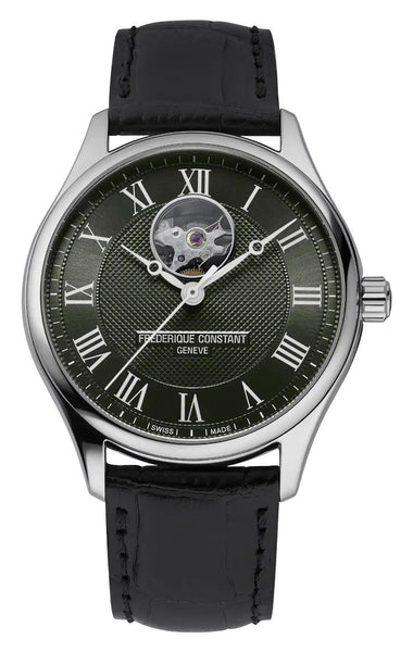 Frederique Constant Classics Heart Beat Automatic Stainless Steel Khaki Green Dial Black Leather Strap Mens Watch FC - 310MCK5B6 - Watches & Beyond