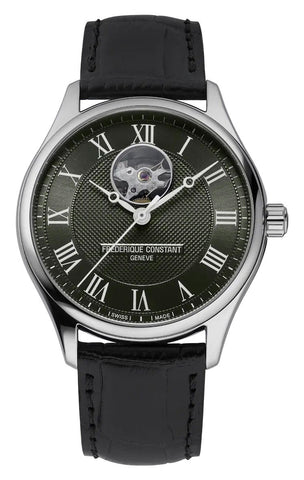 Frederique Constant Classics Heart Beat Automatic Stainless Steel Khaki Green Dial Black Leather Strap Mens Watch FC - 310MCK5B6 - Watches & Beyond