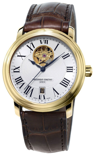 Frederique Constant Classics Heart Beat Automatic Yellow Gold Plated Steel Silver Dial Brown Leather Strap Date Mens Watch FC - 315M4P5 - WAB - Shipping Dept.