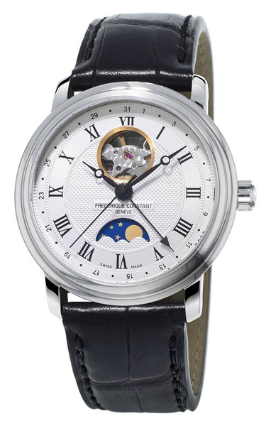 Frederique Constant Classics Heart Beat Moonphase Automatic Silver Dial Black Leather Strap Mens Watch FC - 335MC4P6 - Watches & Beyond
