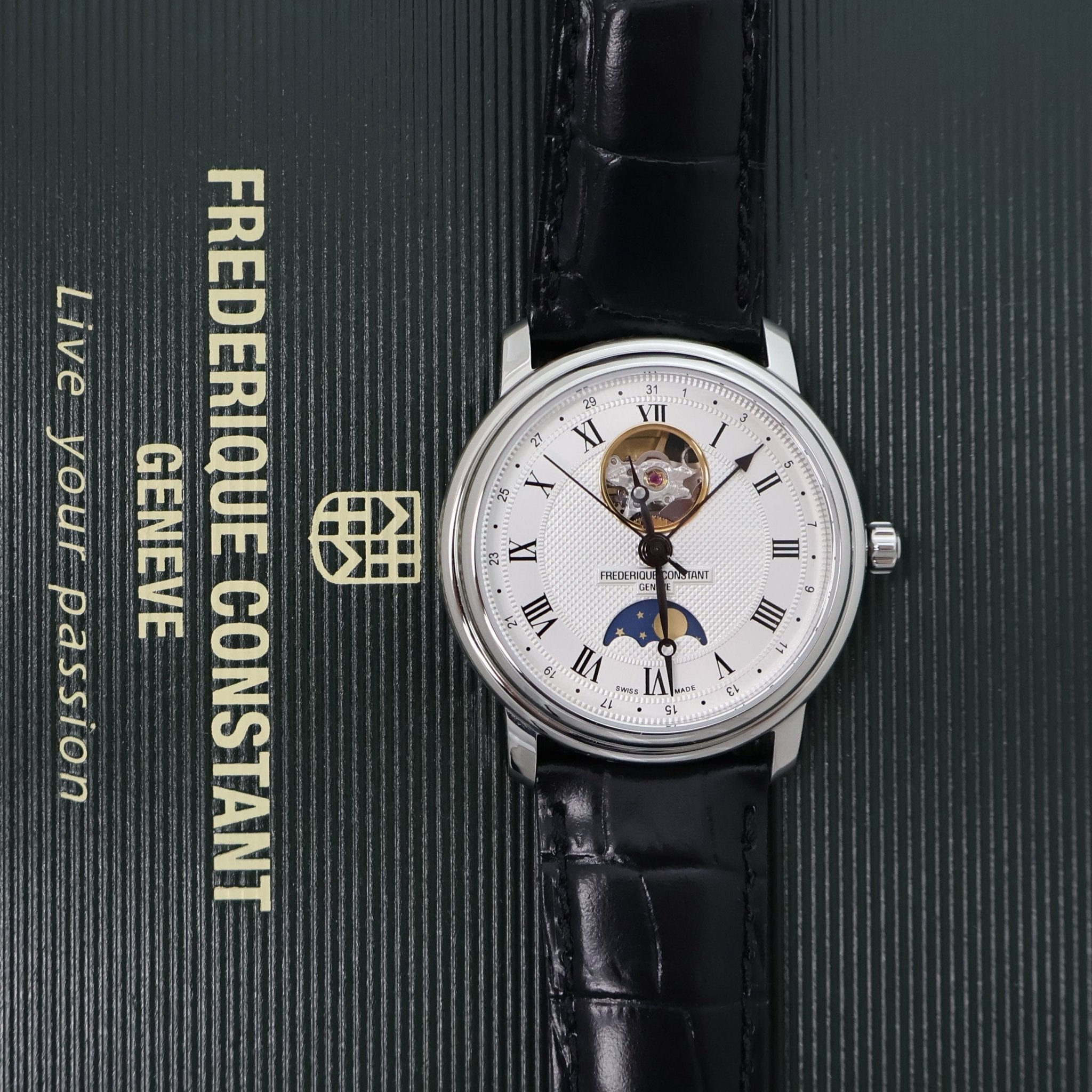 Frederique Constant Classics Heart Beat Moonphase Automatic Silver Dial Black Leather Strap Mens Watch FC-335MC4P6 - Watches & Beyond