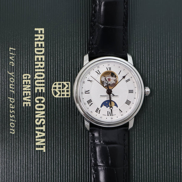 Frederique Constant Classics Heart Beat Moonphase Automatic Silver Dial Black Leather Strap Mens Watch FC-335MC4P6 - Watches & Beyond
