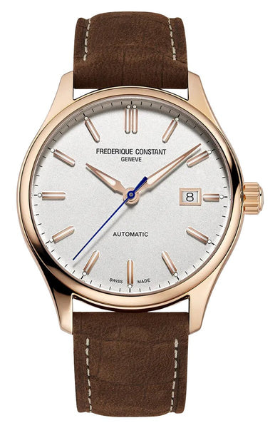 Frederique Constant Classics Index Automatic Rose Gold PVD Silver Dial Brown Leather Strap Date Mens Watch FC - 303NV5B4 - Watches & Beyond