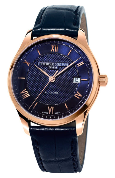 Frederique Constant Classics Index Automatic Rose Gold Tone Steel Blue Dial Date Blue Leather Strap Mens Watch FC - 303MN5B4 - WAB - Shipping Dept.