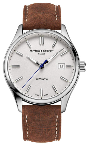 Frederique Constant Classics Index Automatic Stainless Steel Silver Dial Brown Leather Strap Date Mens Watch FC - 303NS5B6 - Watches & Beyond