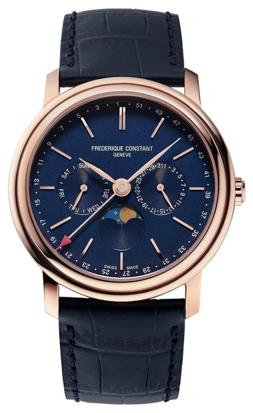Frederique Constant Classics Index Business Timer Rose Gold Plated Blue Dial Blue Leather Strap Moonphase Day/Date/Week Quartz Mens Watch FC - 270N4P4 - Watches & Beyond