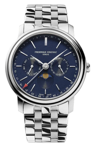 Frederique Constant Classics Index Business Timer Stainless Steel Blue Dial Day/Date/Week Moonphase Quartz Mens Watch FC - 270N4P6B - Watches & Beyond