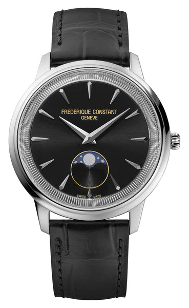 Frederique Constant Classics Moneta Moonphase Stainless Steel Black Dial Black Leather Strap Quartz Unisex Watch FC - 206B3S6 - Watches & Beyond
